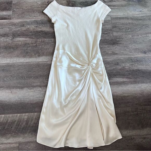 Vintage Kevan Hall Designer Dress Cashmere and Satin Short Sleeve Ivory Cream - Picture 4 of 13